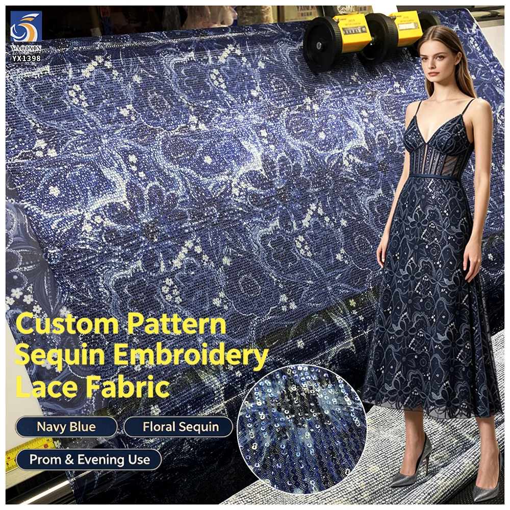 YX1398 Custom 3mm Sequins Large Florals Print Mesh Fabric 5 Yards MOQ Diagonal Stripe Dress Sequin Print Fabric