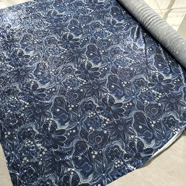 YX1398 Custom 3mm Sequins Large Florals Print Mesh Fabric 5 Yards MOQ Diagonal Stripe Dress Sequin Print Fabric