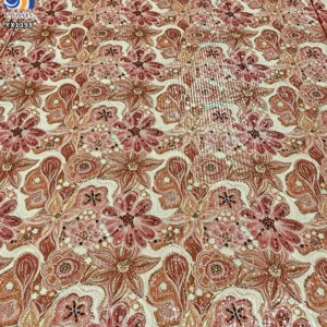 YX1398 Custom 3mm Sequins Large Florals Print Mesh Fabric 5 Yards MOQ Diagonal Stripe Dress Sequin Print Fabric