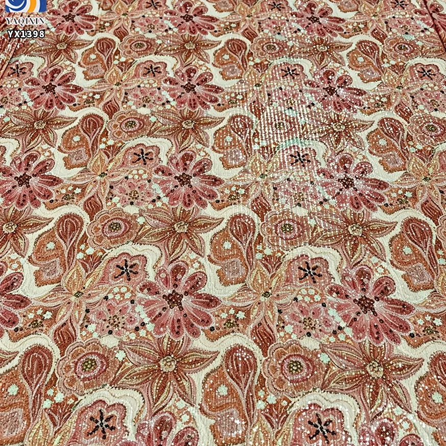 YX1398 Custom 3mm Sequins Large Florals Print Mesh Fabric 5 Yards MOQ Diagonal Stripe Dress Sequin Print Fabric