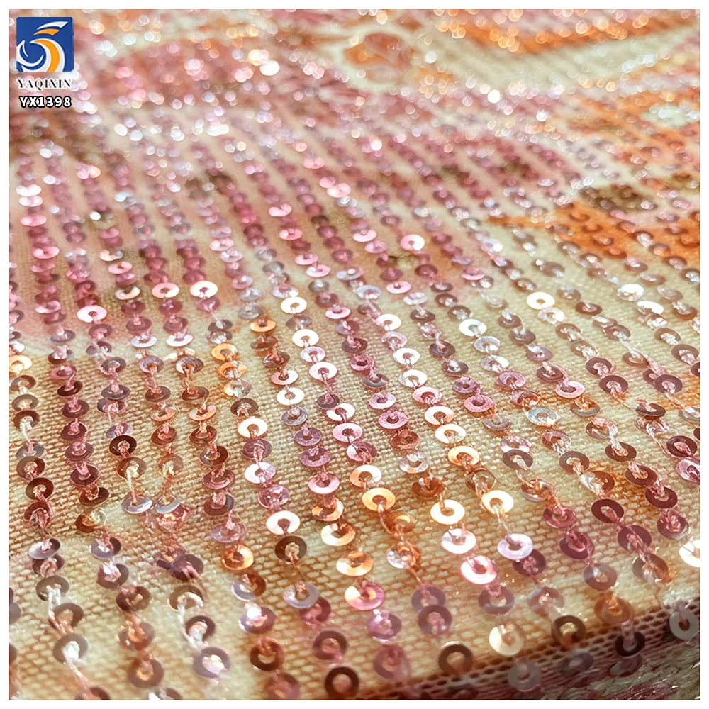 YX1398 Custom 3mm Sequins Large Florals Print Mesh Fabric 5 Yards MOQ Diagonal Stripe Dress Sequin Print Fabric