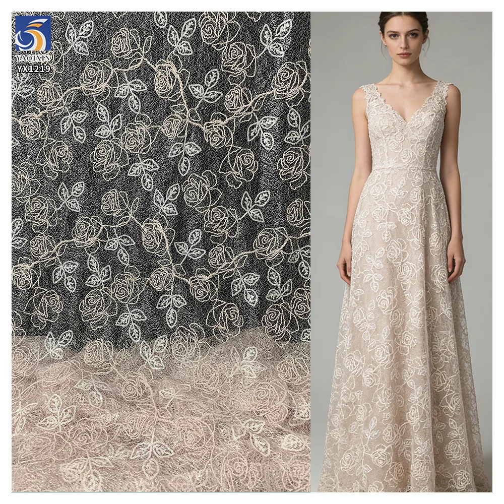YX1219 2026 New Custom Light Pink Color Rose Embroidered Mesh Fabric Rope Embroidery Fabric 5 Yards for Girls' Clothing
