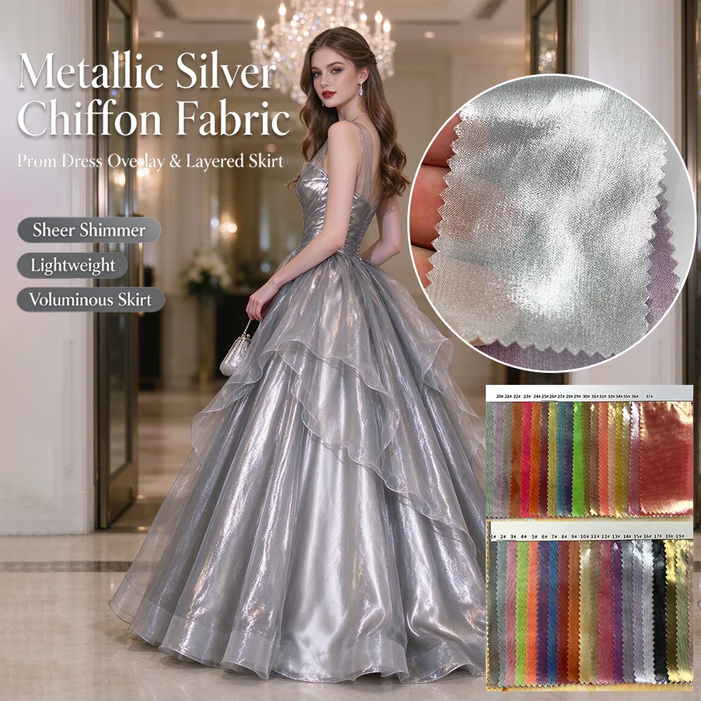 YX1628 Gold Foil Chiffon Fabric Lightweight Metallic Printed Textile for Dresses Blouses and Womenswear