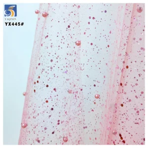 YX445 American Custom Polyester Mesh Fabric Hard Tulle With 3D Pearls and Sequins for Headdress Dress Fabric