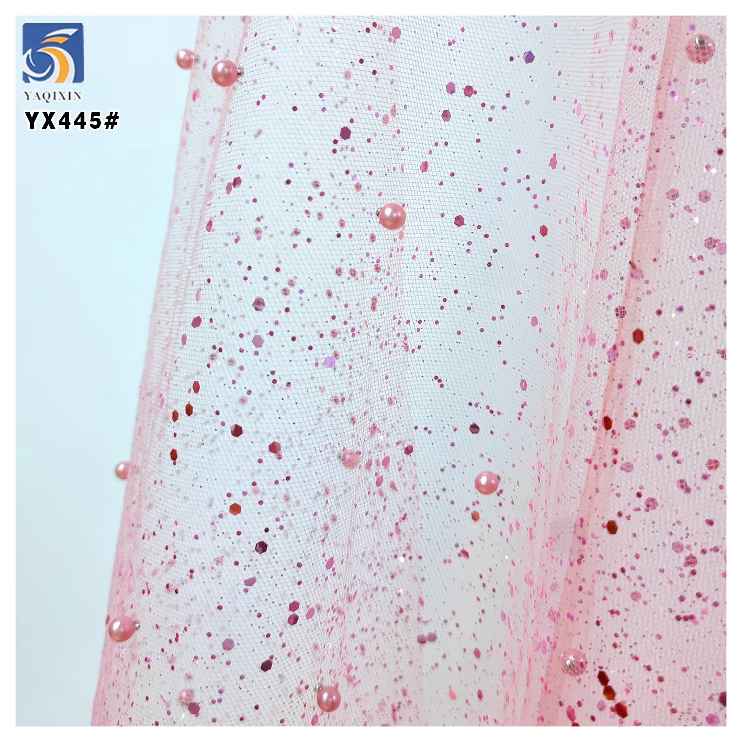 YX445 American Custom Polyester Mesh Fabric Hard Tulle With 3D Pearls and Sequins for Headdress Dress Fabric