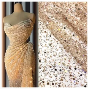 YX8866 DELACE Golden Glitter Bridal Lace Fabric With Pearl 3D Beads Embroidery Sequins Lace Fabric for Dress