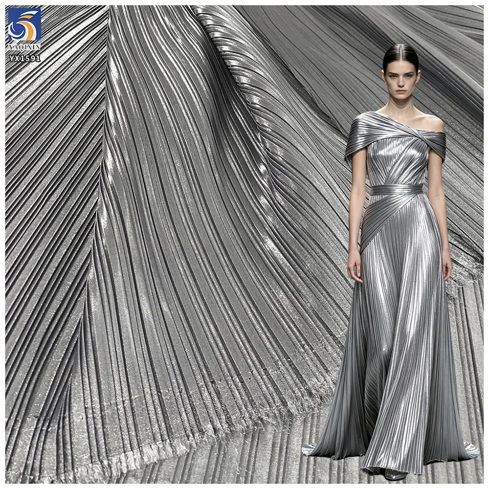 YX1591 Glossy Organza Pleated Fabric Silver Lightweight Soft Material for Evening Gowns and Womenswear