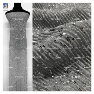 YX1148 130gsm Thick Silver Thread Bright Silk Composite Polyester Knitted Pleated Sequin Fabric 3mm Sequin Fabric for Dress