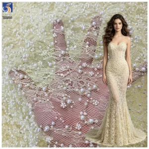 YX1510 Pearl Beaded Eyelash Lace Fabric 3D Floral Mesh Textile for Bridal Dress Evening Wear and Fashion Garments