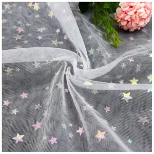 Happy 4th of July American Holiday Party Fabric 100% Polyester Colorful Foil Printed Stars on Tulle Fabric