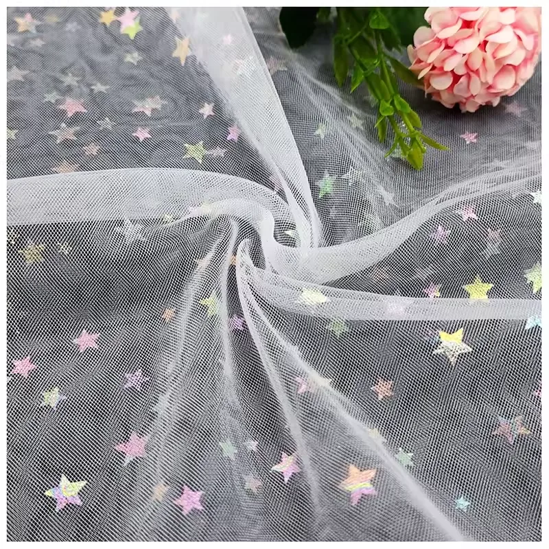 Happy 4th of July American Holiday Party Fabric 100% Polyester Colorful Foil Printed Stars on Tulle Fabric