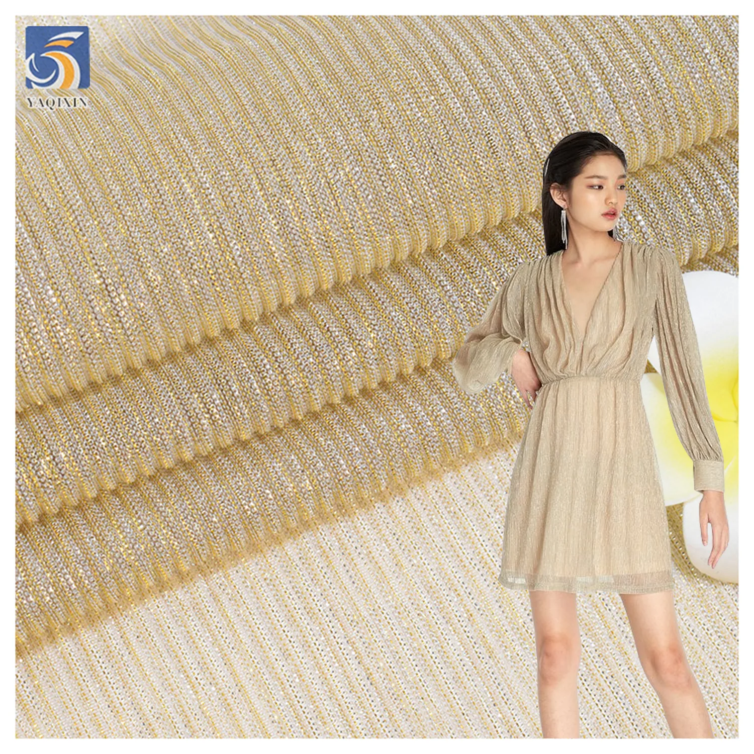 New Fashion Dance Dress Crepe Fabric 100%Polyester Knitted Strip Pleats Shiny Stretch Lurex Mesh Fabric