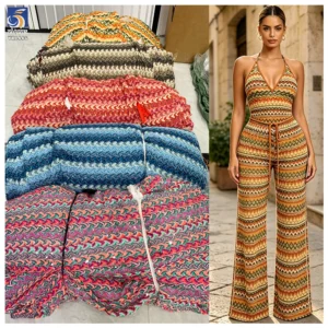 YX1446 Wholesale 300gsm Polyester Sequin Knit Jacquard Fabric Colorful Ethnic Geometric Pattern for Kaftan Dress