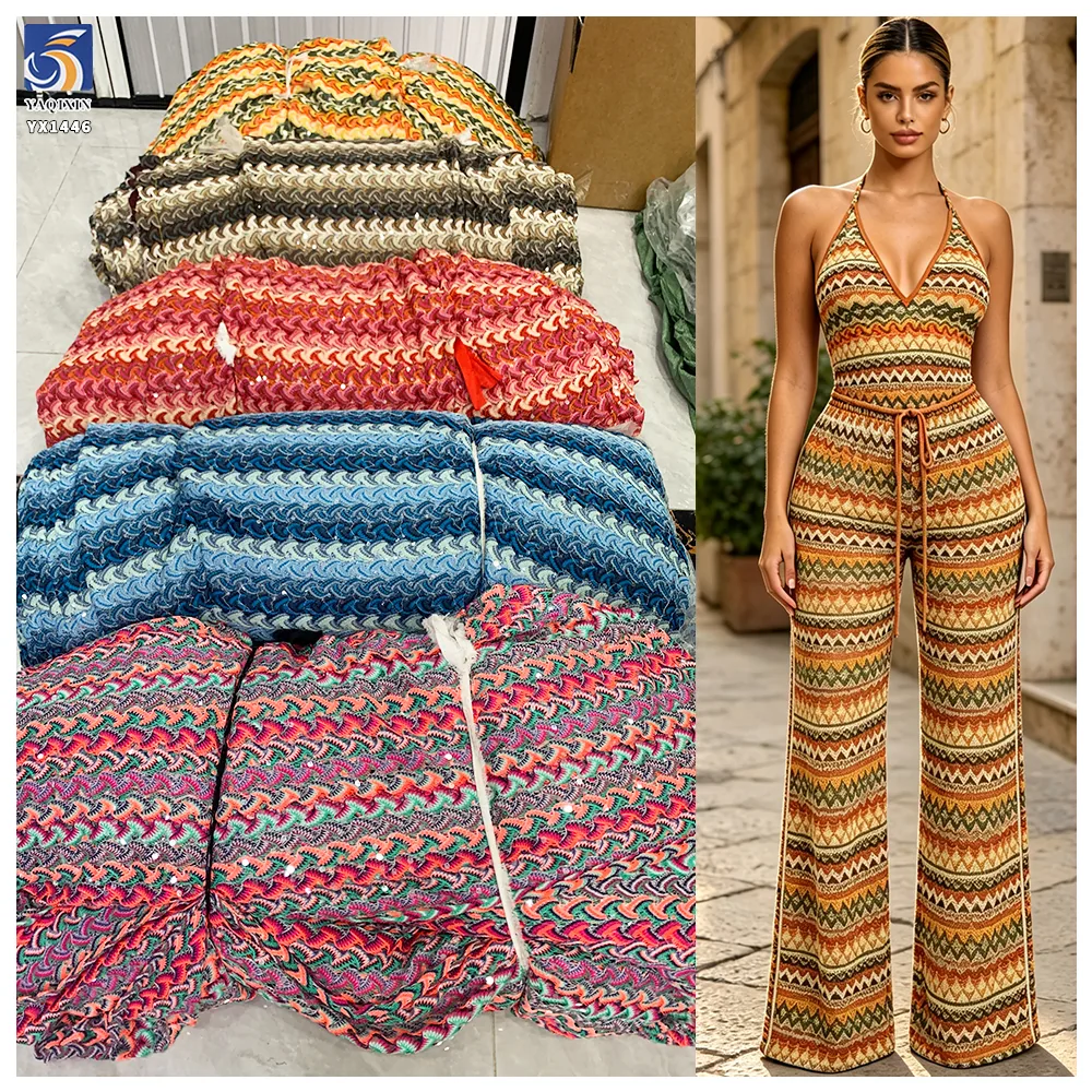 YX1446 Wholesale 300gsm Polyester Sequin Knit Jacquard Fabric Colorful Ethnic Geometric Pattern for Kaftan Dress