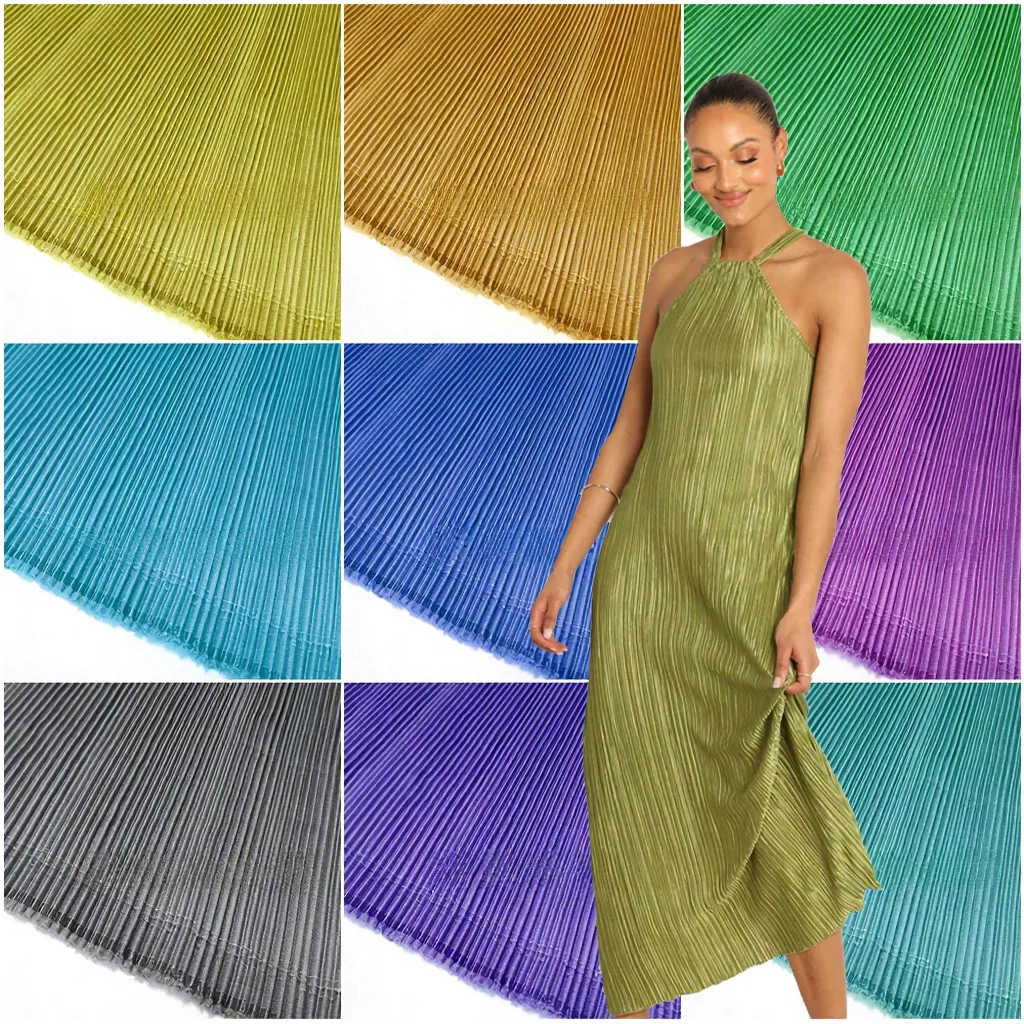YX929-1 Multicolor Custom Designs Satin Pleated Dress Apparel Fabric Woven Soft 100 Polyester Elastic Satin Pleated Fabric