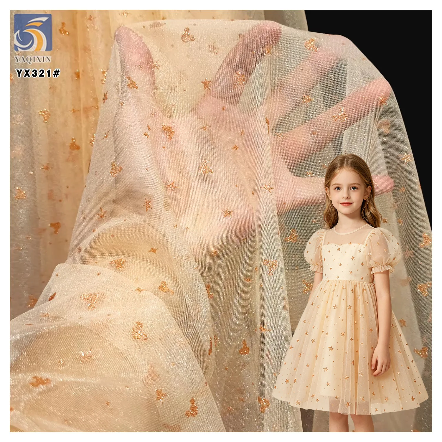 YX321 Latest Design 100% Polyester Glossy Tulle with Glitter Dust and Mickey Star Pattern Mesh Tulle Fabric