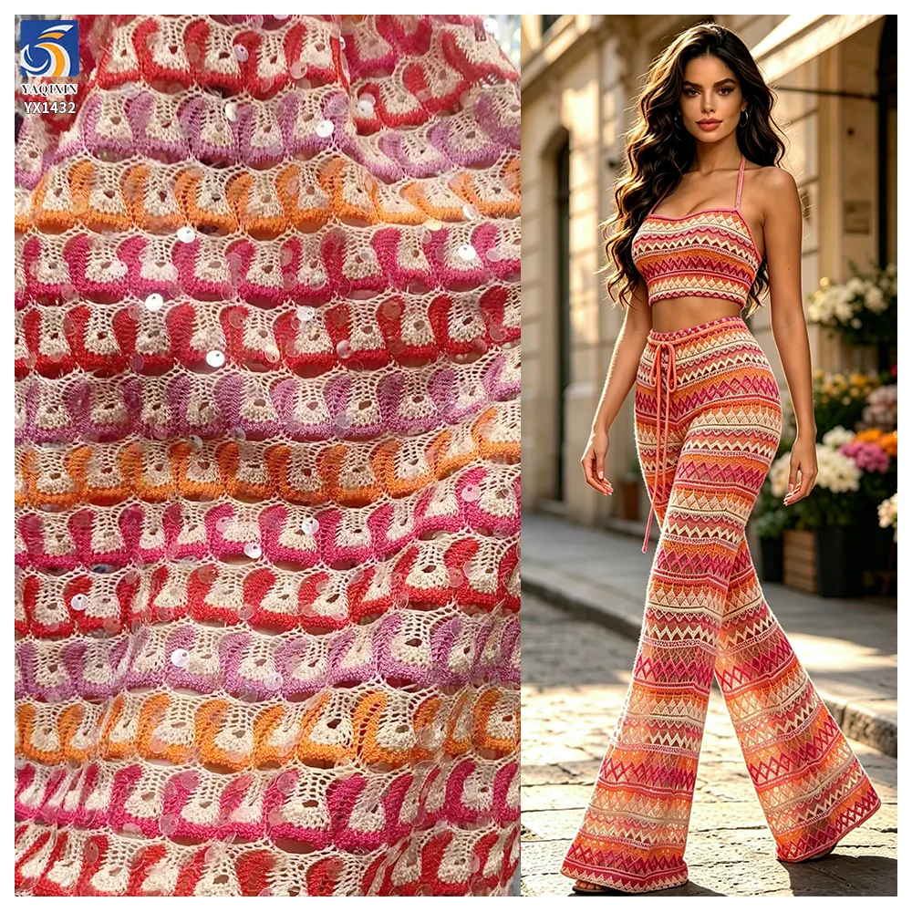 YX1432 Color Block Lace Jacquard Hollow Fabric 8mm Transparent Sequin Ethnic Knit Mesh Swimwear Bikini Fabric 130cm Wholesale