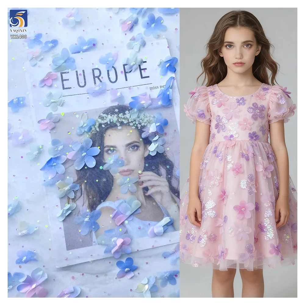 YX1406 Summer Best-Selling Solid 3D Embroidery Florals Gradient Tulle Fabric With Holographic Sequins 3D Florals Mesh Fabric