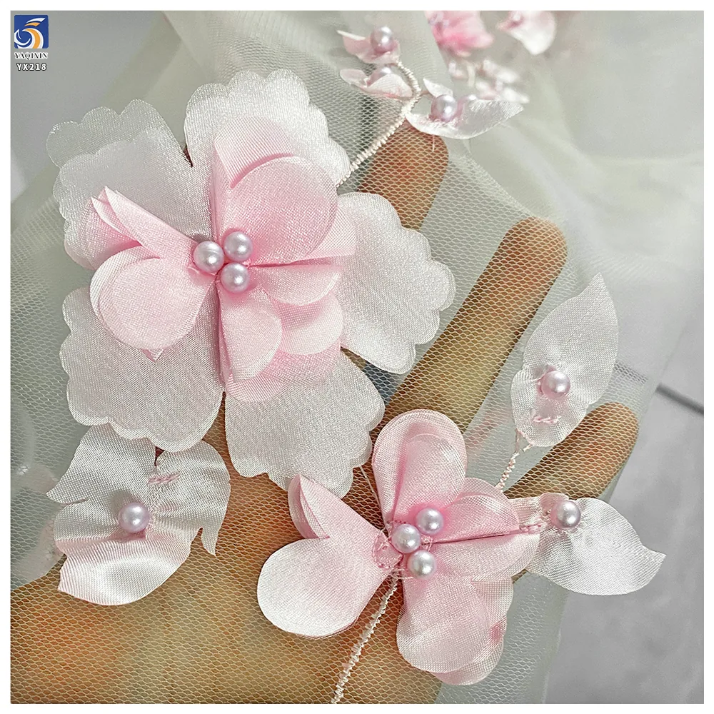 Luxury3D Satin Flower Pearl Beaded TulleLace Fabric Handmade Floral Embroidery Mesh Fabric for Wedding Bridal Dress Evening Gown