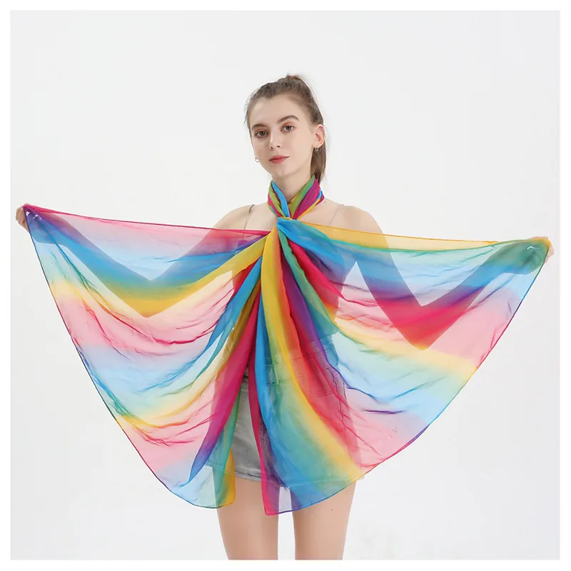 YX2144 New Arrival Gradient Rainbow Print Like Silk Scarf 100cm*180cm Oversized Travel Beach Chiffon Hijab Scarf Summer