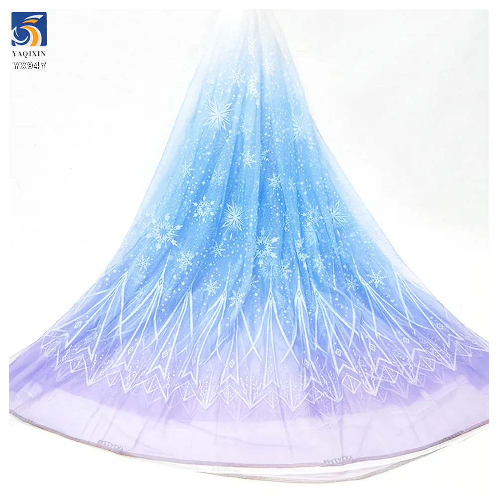 YX947 New Arrival Polyester Gradient Tulle Mesh Fabric, Snowflake & Ice Print for Kids Snow Queen Princess Dress
