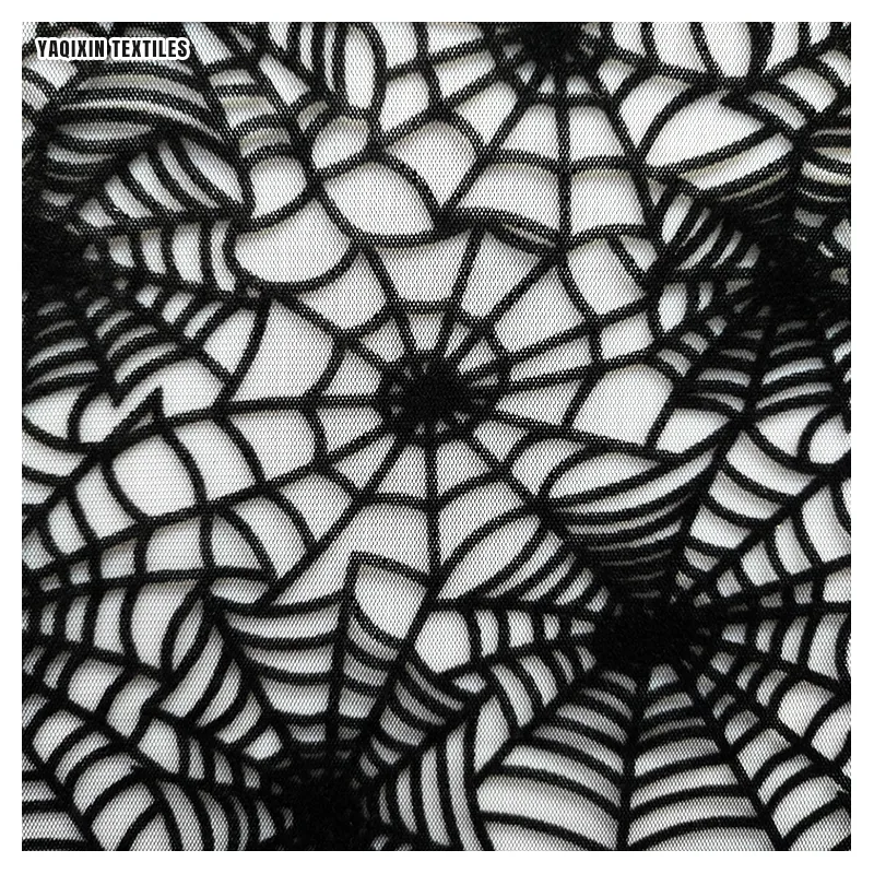 Wholesale 3D Velvet Spider Web Tulle Fabric - Black Embossed Flocked Halloween Costume Material (Custom Width)