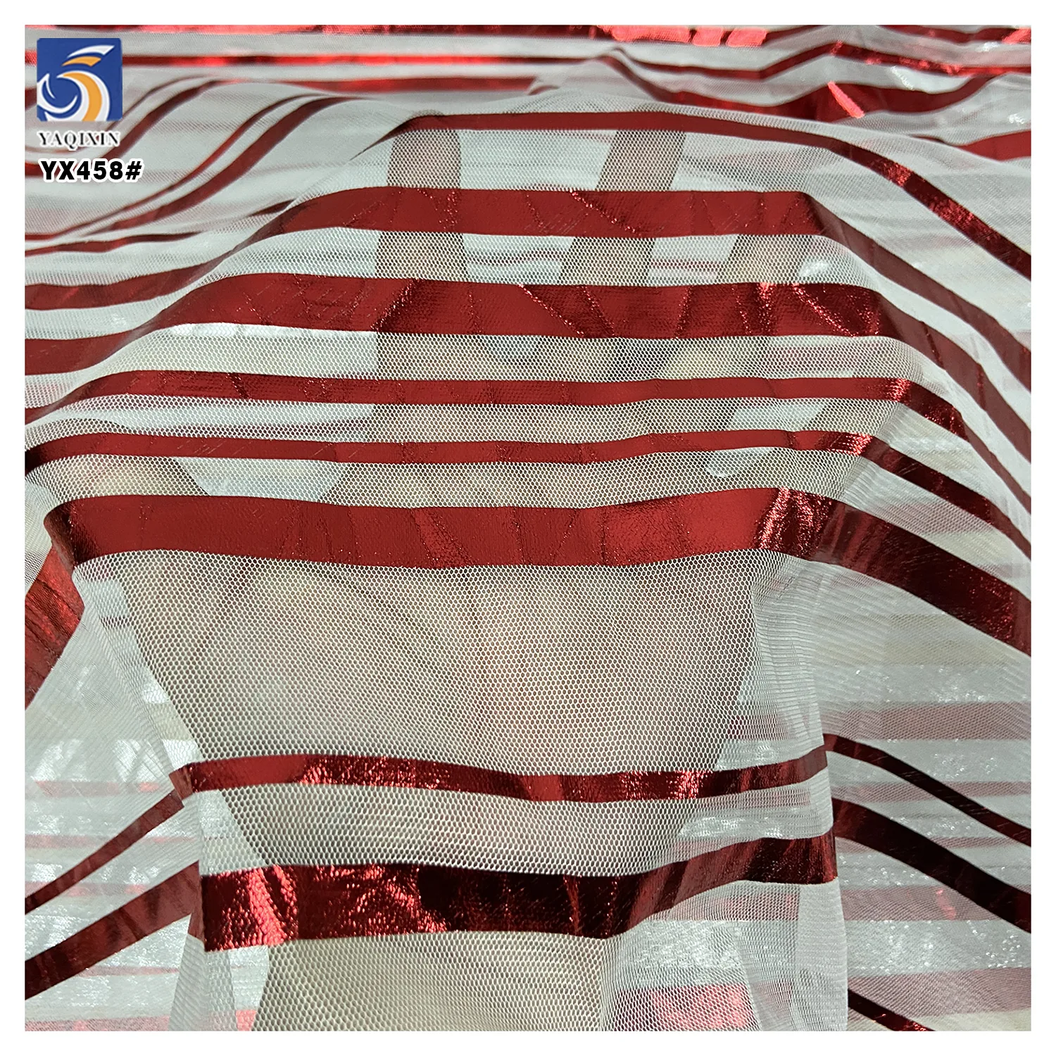 YX458 New Stripes Tulle Hot Foil Stamping Print Polyester Mesh Christmas Striped Fabric Candy Cane Stripes Tulle Fabric