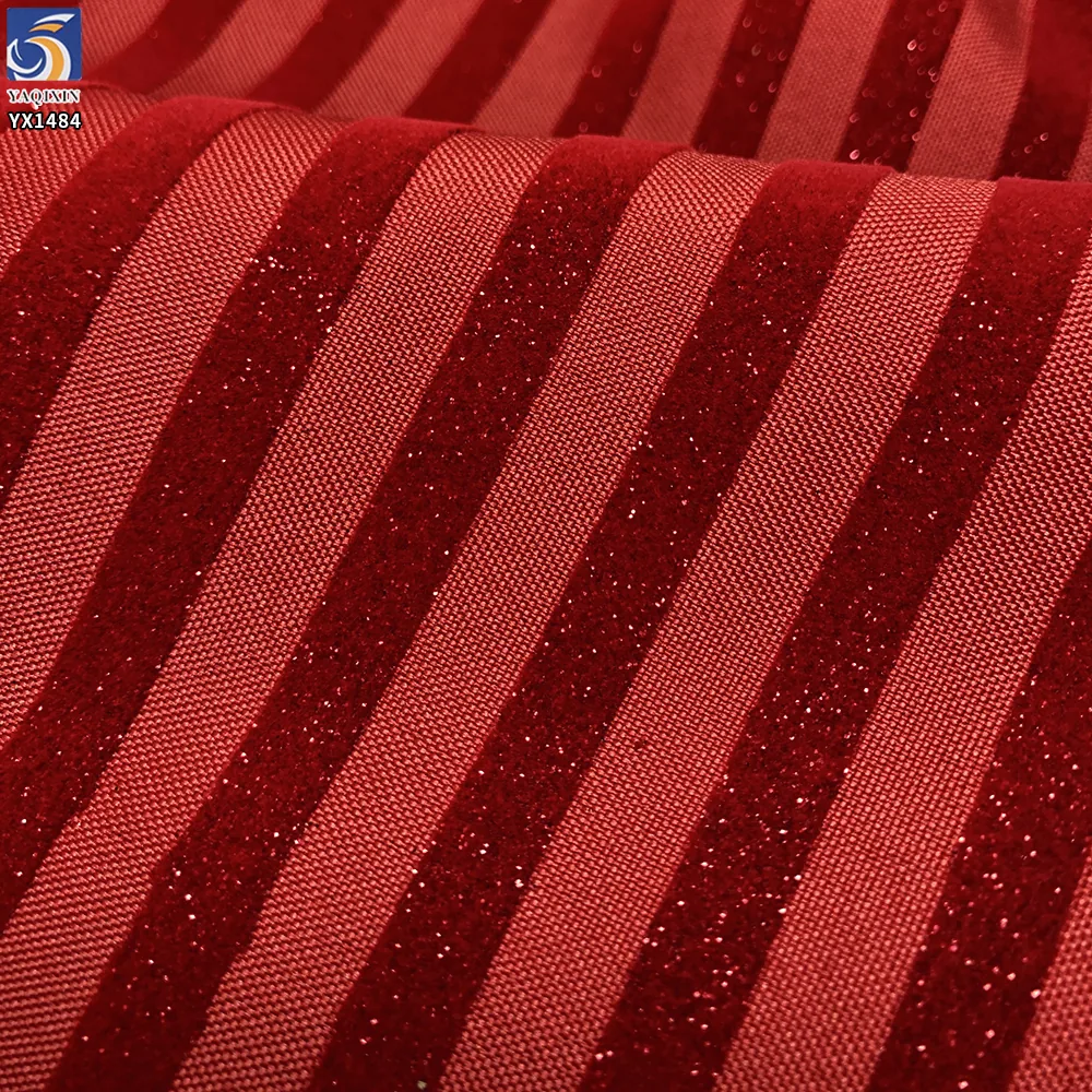 YX1484 160gsm Custom Polyester Glitter Stripe Flocked Canvas Fabric for Halloween Garments Party Decor