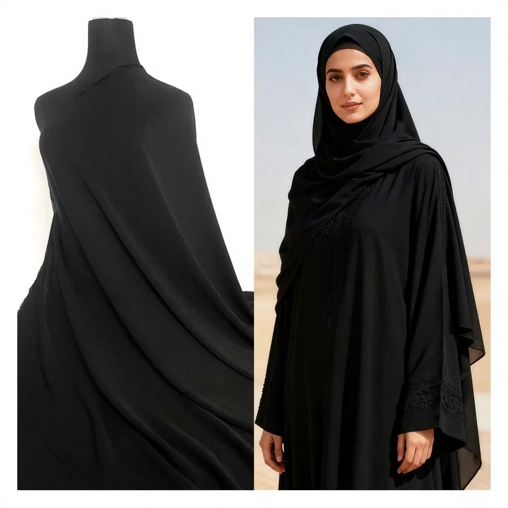 YX1133 65-Inch Width 160gsm Black Nida Wrinkle Fabric Woven 100% Polyester Soft Crepe Chiffon Arabic Clothing Fabrics