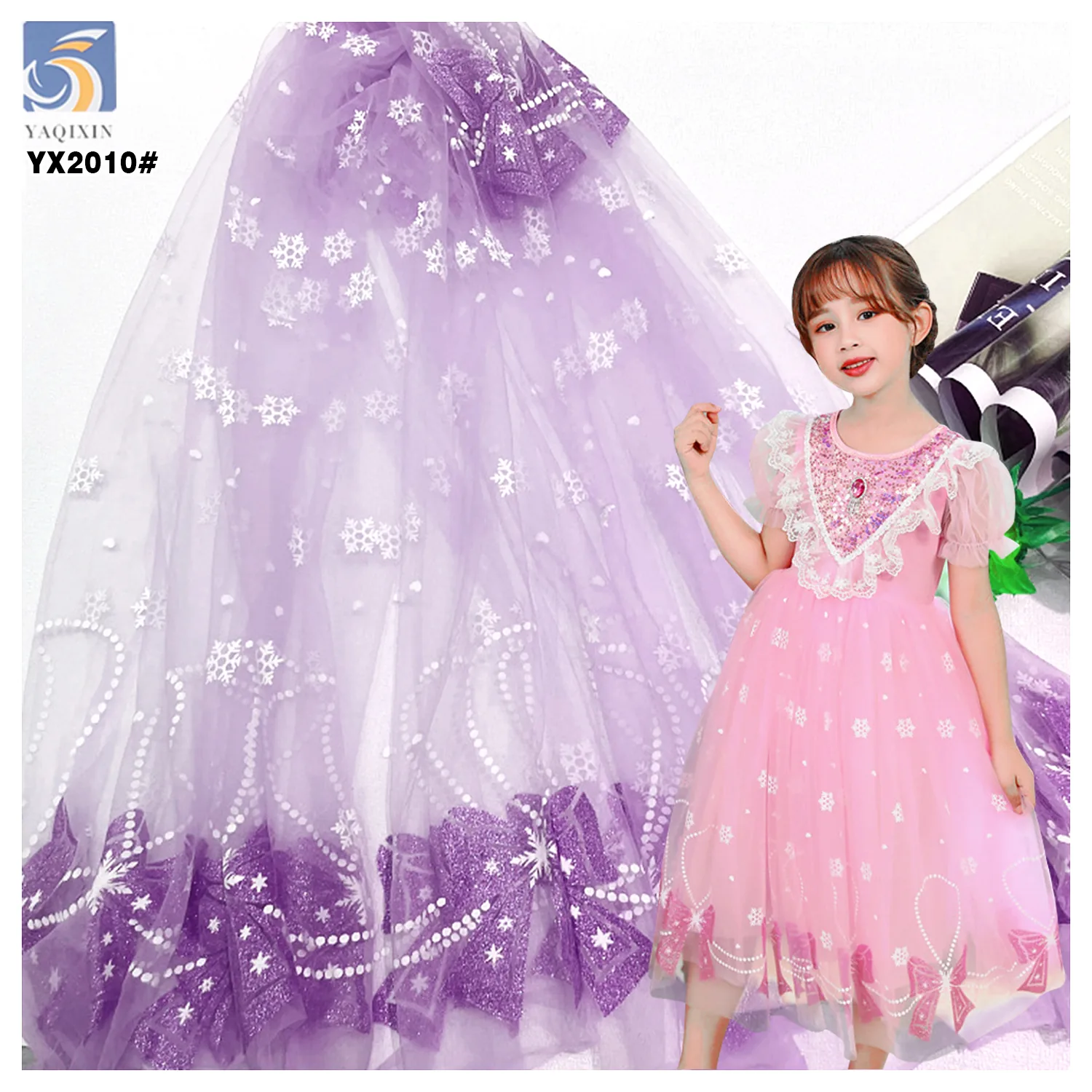 YX2010 Purple Printed Mesh Fabric With Bow Pattern, Colorful Print Material for Kids Snow Queen Princess Dance Dress