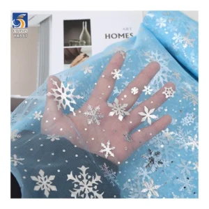 YX887 Blue Polyester Tulle Mesh Fabric With Silver Snowflake Print for Children Princess Dress