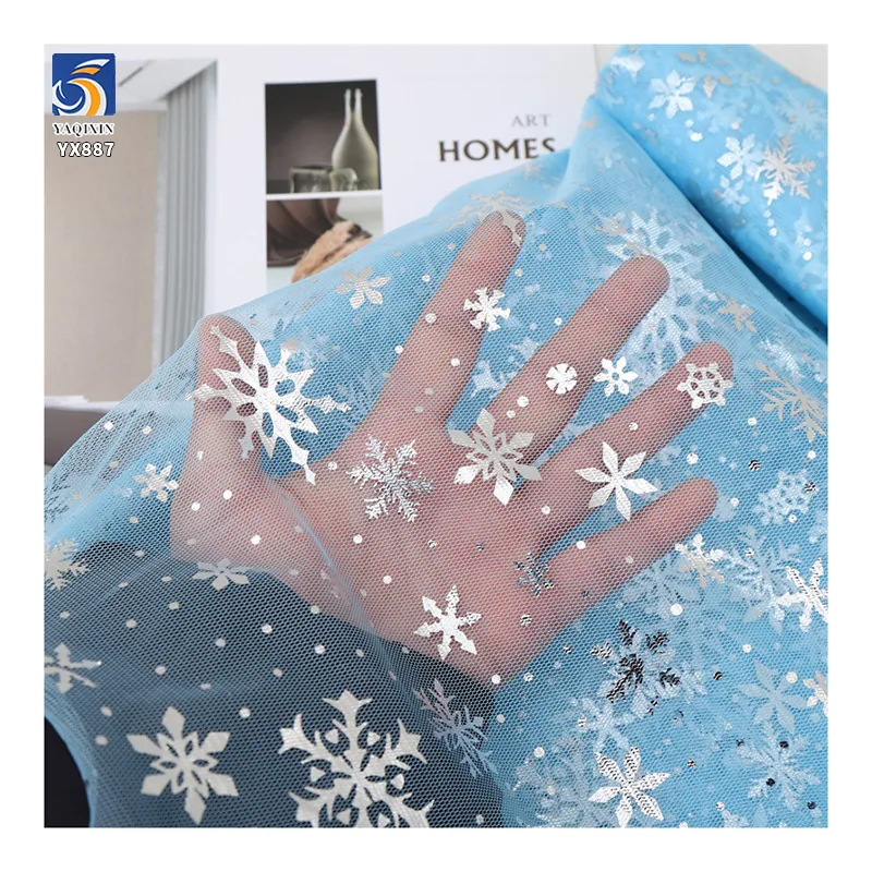 YX887 Blue Polyester Tulle Mesh Fabric With Silver Snowflake Print for Children Princess Dress