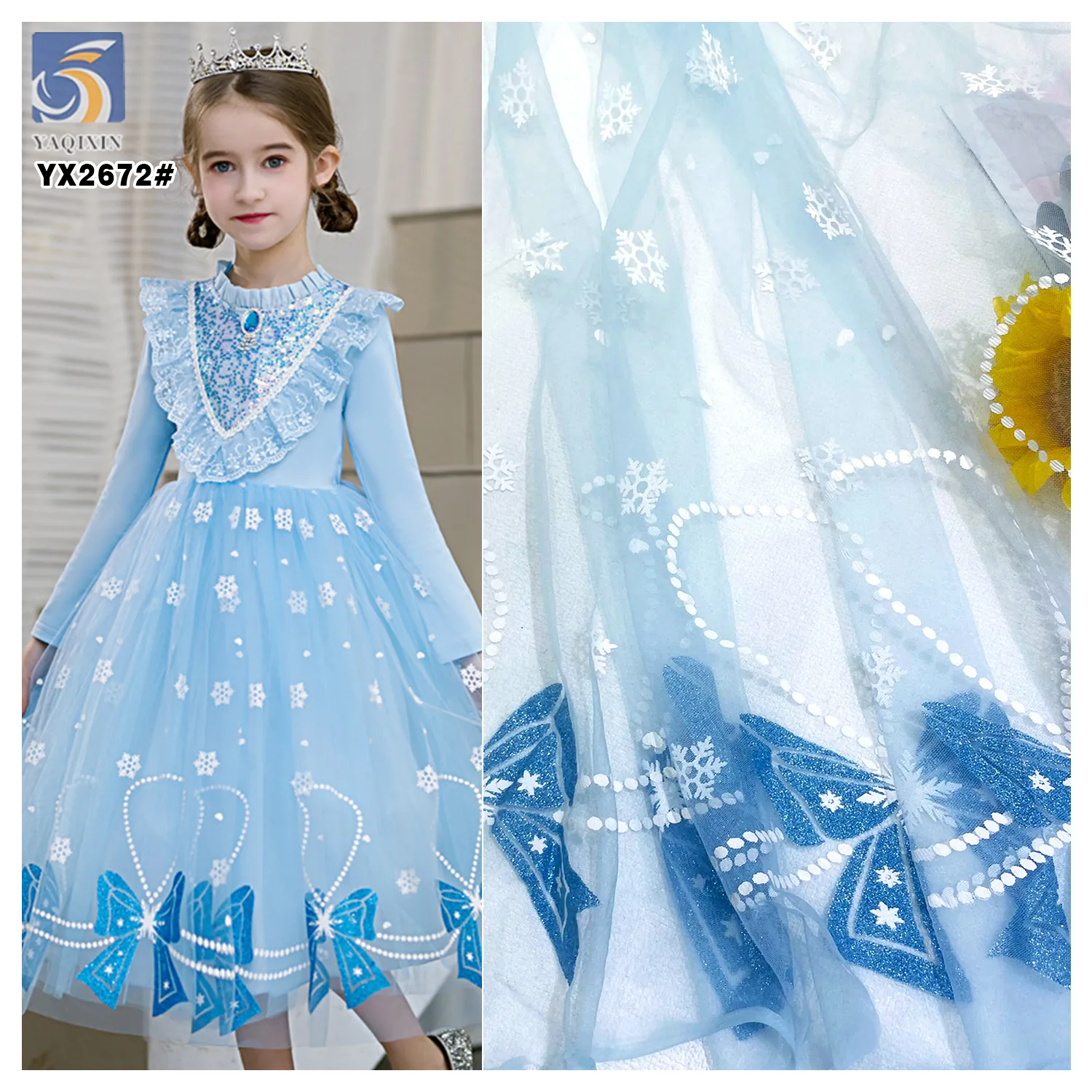 YX2672 Azure Glitter Offset Printed Tulle Mesh Fabric Kids Princess Dress Material