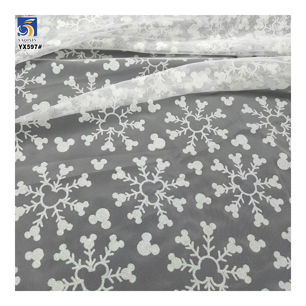 YX597-1 Factory Low MOQ Custom Glitter Tulle Mesh Fabric, White Snowflake Printed Net Fabric For Kids Party Dress