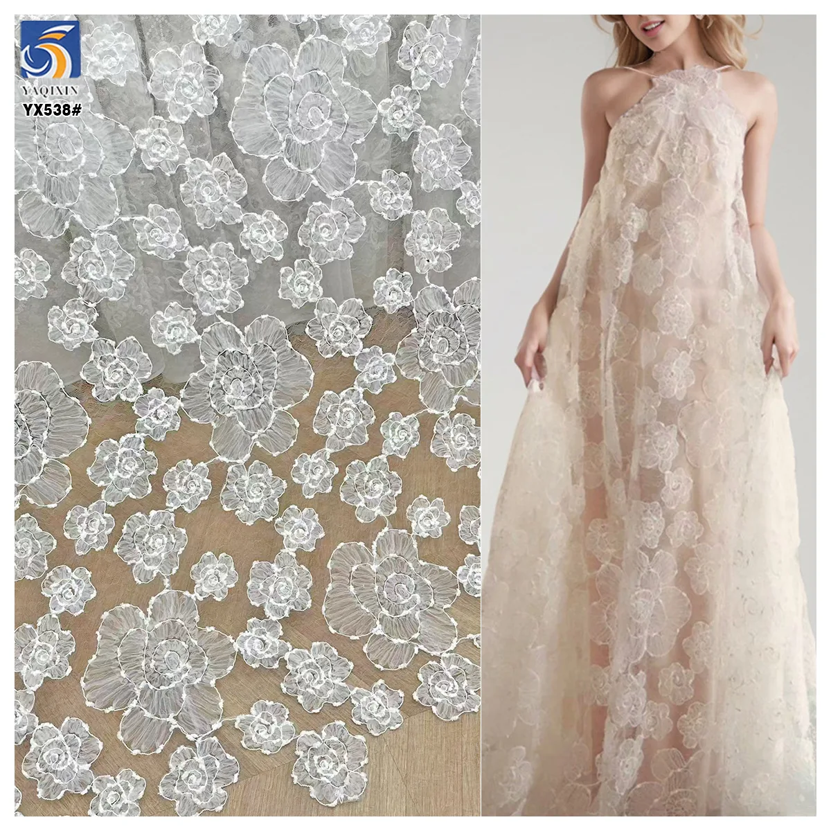 YX538 2027 New Products Hook Flowers Mesh Embroidery Fabric Dresses Women White Tulle Embroidery Fabric