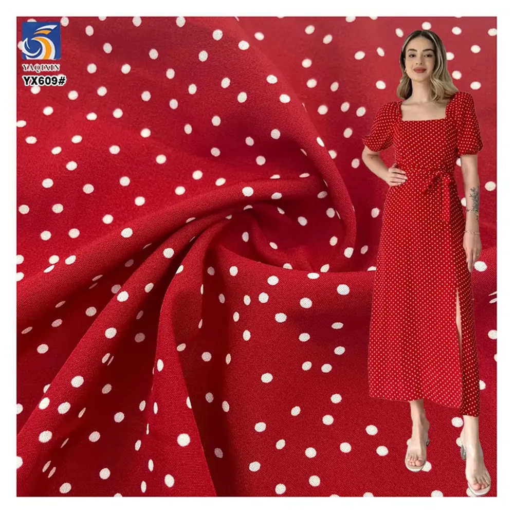 YX609 New Arrivals Christmas Red Chiffon Fabric Poly Small White Dots Chiffon Fabric for Dress Home Textiles