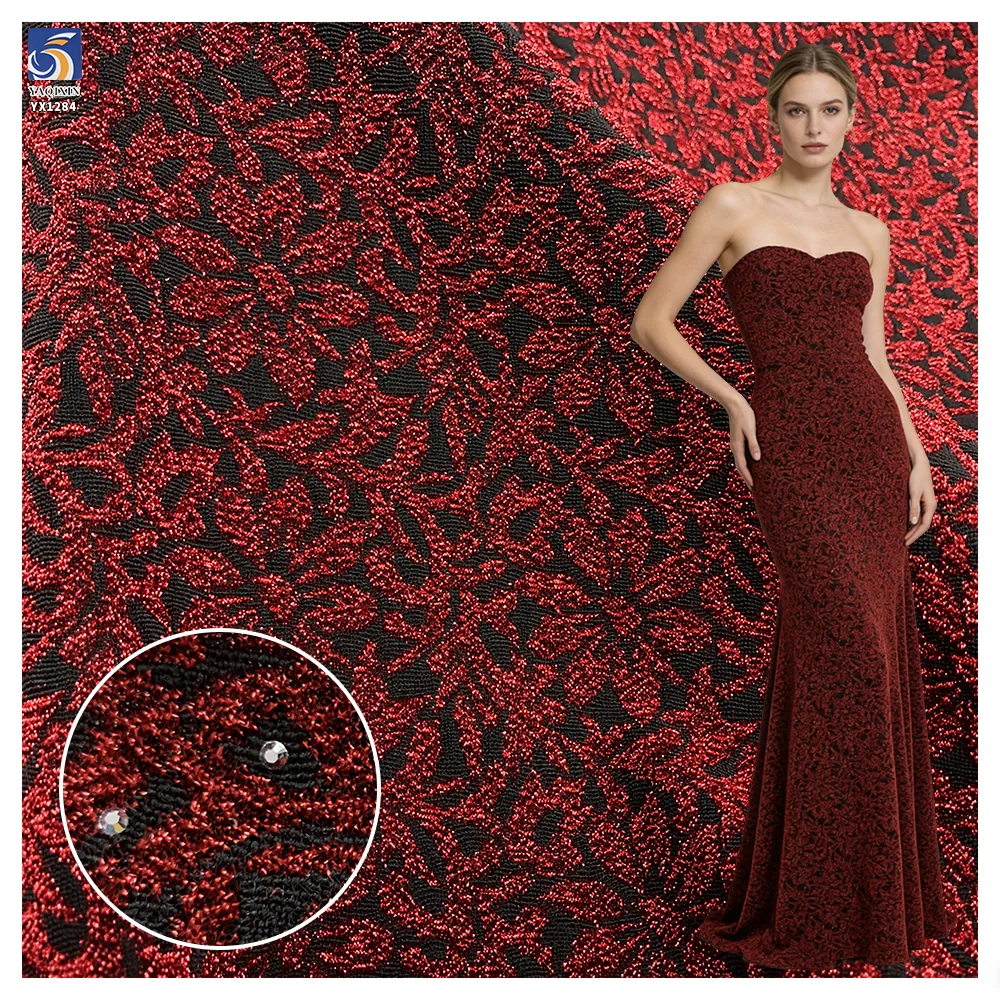 YX1284 160gsm 100% Polyester Wholesale Wine Red Shiny Lurex Jacquard Fabric With 3D Rhinestones Arabic Dress Jacquard Fabric