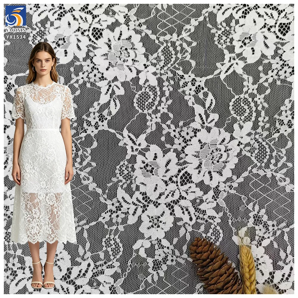 YX1534 Large Floral Non Stretch Polyester Jacquard Chantilly Mesh Lace Fabric for Women's Dresses and Fashion Apparel