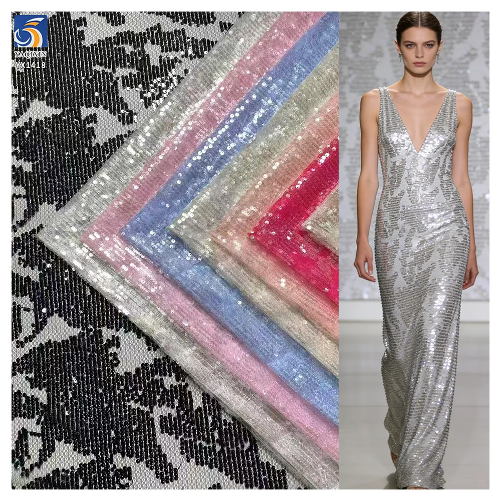 YX1418 250gsm 5mm Transparent Silver Dots Sequins 100% Polyester Tulle Fabric Fashionable Evening Dress Sequin Fabric