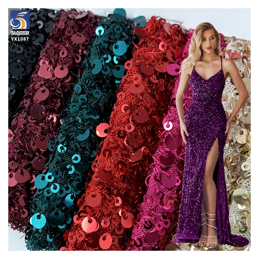 YX1087 300gsm Spandex Stretch Mesh Fabric With 3MM+5MM Sequins Embroidery Heavyweight Sparkle Sequin Fabric for Party Dress