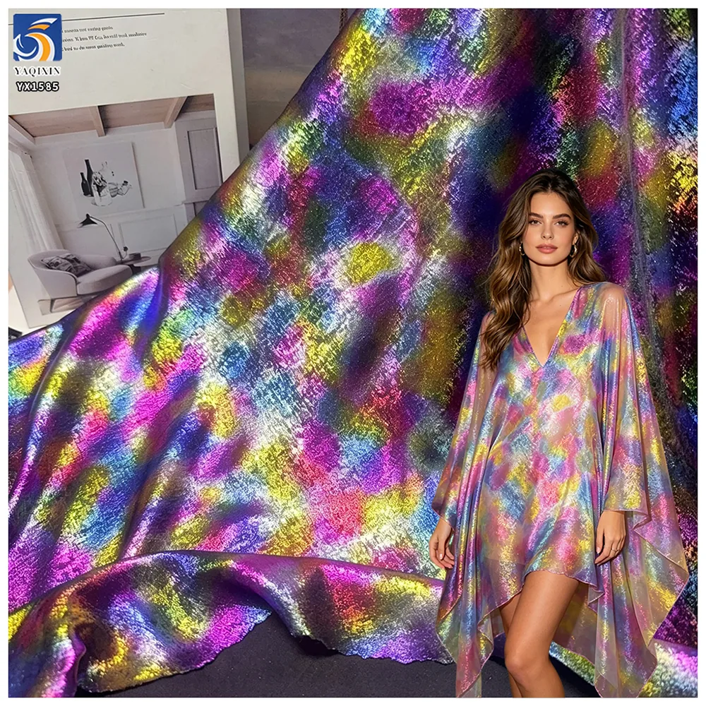 YX1585 Rainbow Metallic Foil Chiffon Fabric Soft With Holographic Foil Finish for Women Apparel Dresses and Costumes