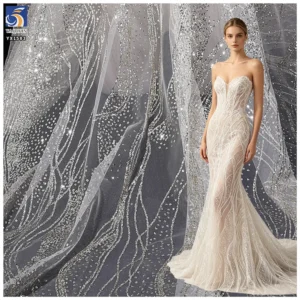 YX1583 Silver Wave Pattern 100% Polyester Glitter Tulle Fabric Shiny Mesh for Wedding Dress Couture and Party Gowns