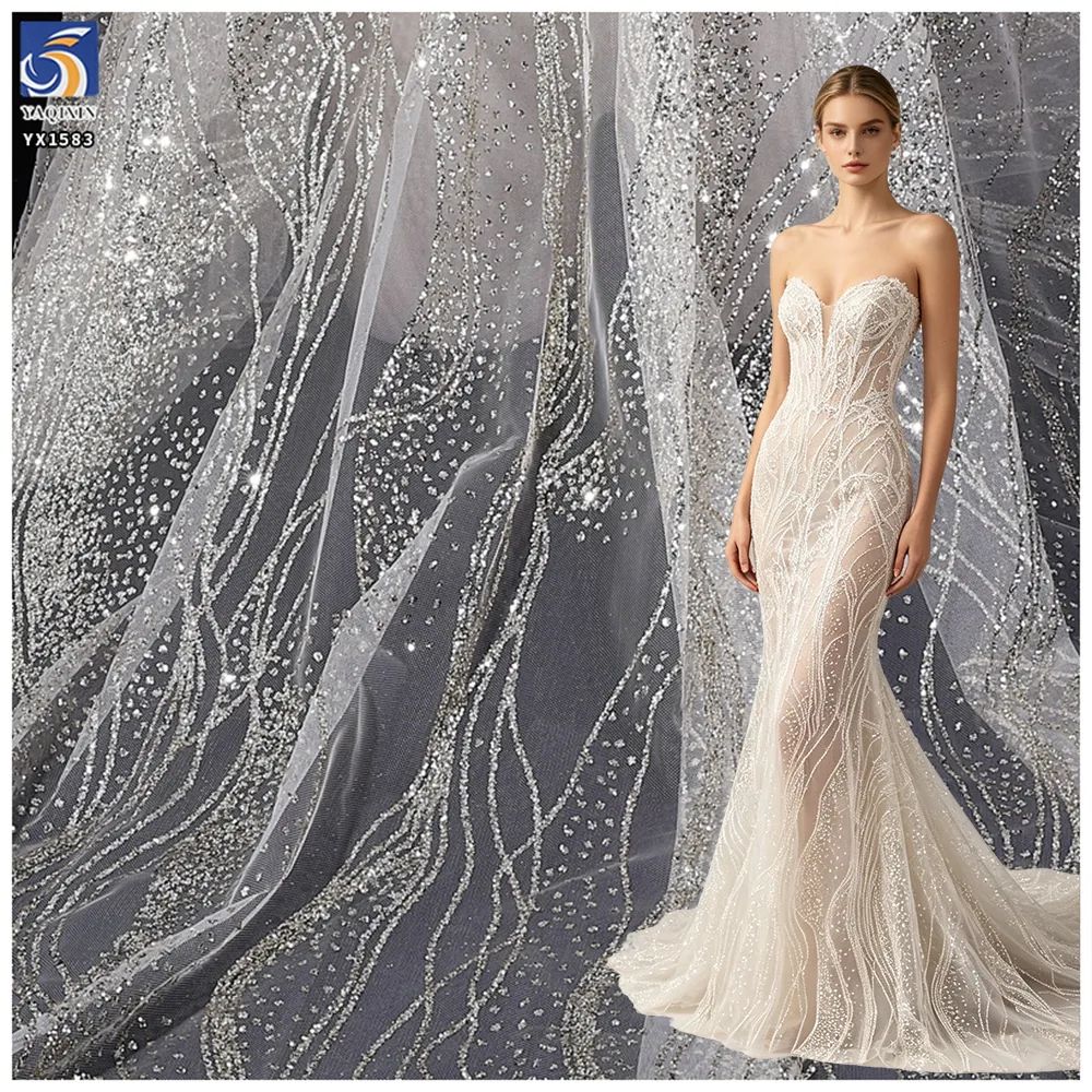 YX1583 Silver Wave Pattern 100% Polyester Glitter Tulle Fabric Shiny Mesh for Wedding Dress Couture and Party Gowns