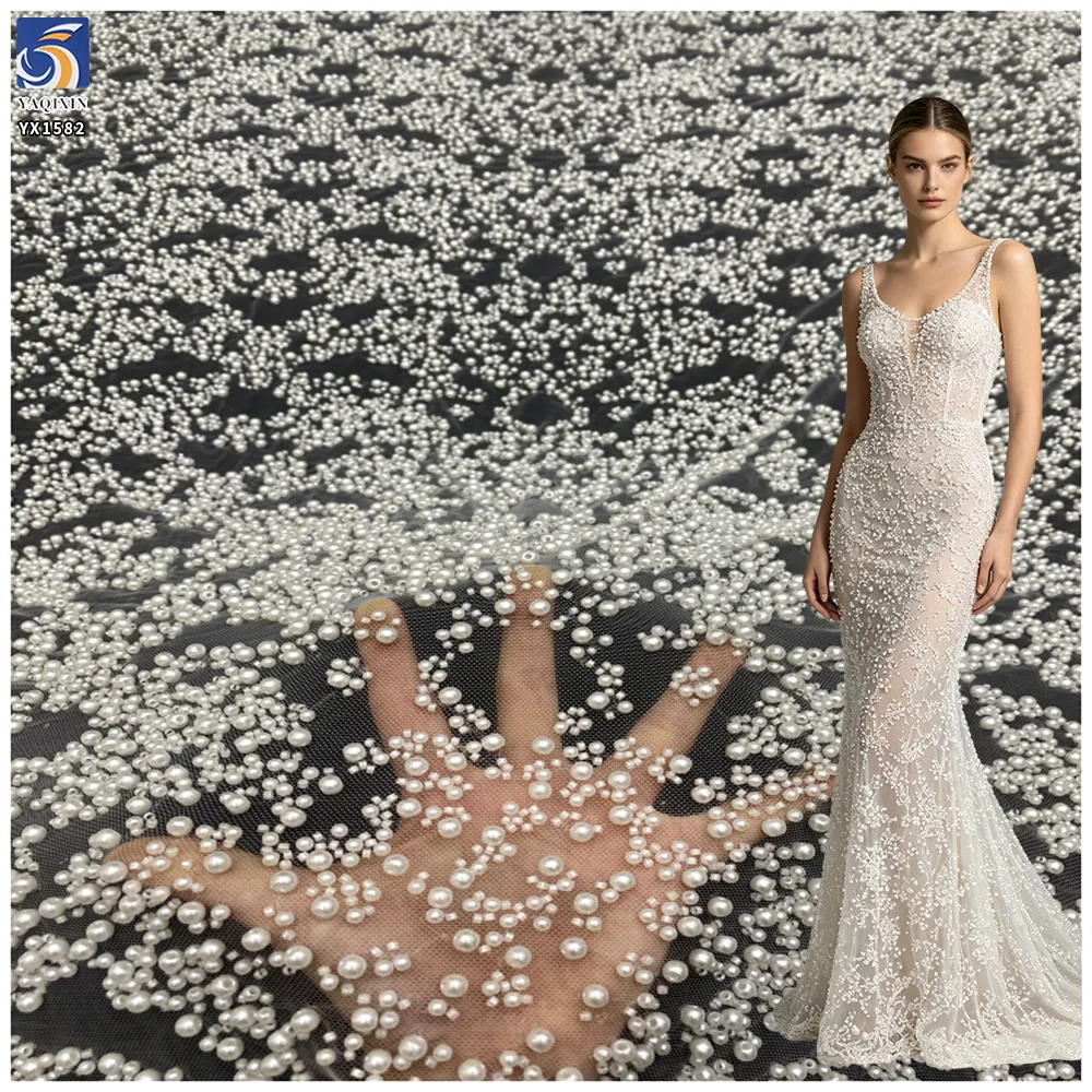 YX1582 700gsm Wholesale Heavy Statement Pearls Beaded Tulle Lace Fabric 3D Embroidery Mesh for Wedding Dress and Haute Couture