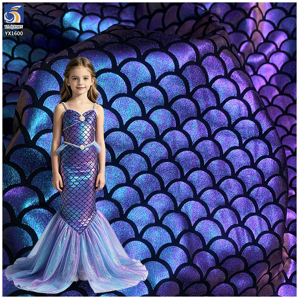 YX1600 Purple Mermaid Scale Fabric Shiny Holographic 97 Polyester 3 Spandex for Swimwear and Kids Costume Apparel