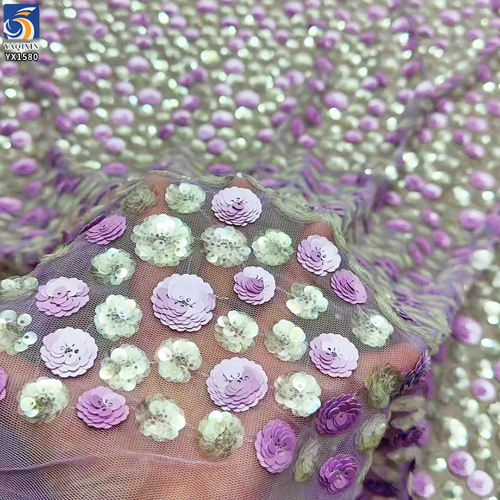 YX1580 Cost Effective Two Tone 3D Flower Sequin Embroidery Fabric for Evening Dresses Prom Gowns and Statement Fashion