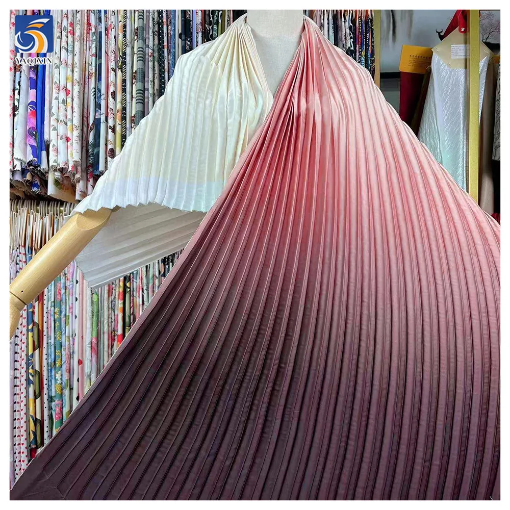 YX670 Designer Gradient Pleat Satin Fabric 100% Polyester Blackout Printed Gradient Pleated Satin Fabric for Wedding Dresses