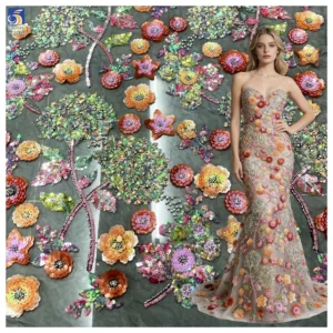YX1316 Latest 3D Five-Pointed Star Flower Sequin Embroidery Mesh Tulle Fabric Florals Pattern Beaded Sequin Mesh Lace Fabric