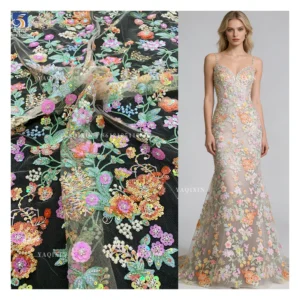 YX1320 Hot-Selling Lace Fabric Colorful Floral 3D Lace Glitter Sequin Embroidered Mesh Women's Dress Fabric