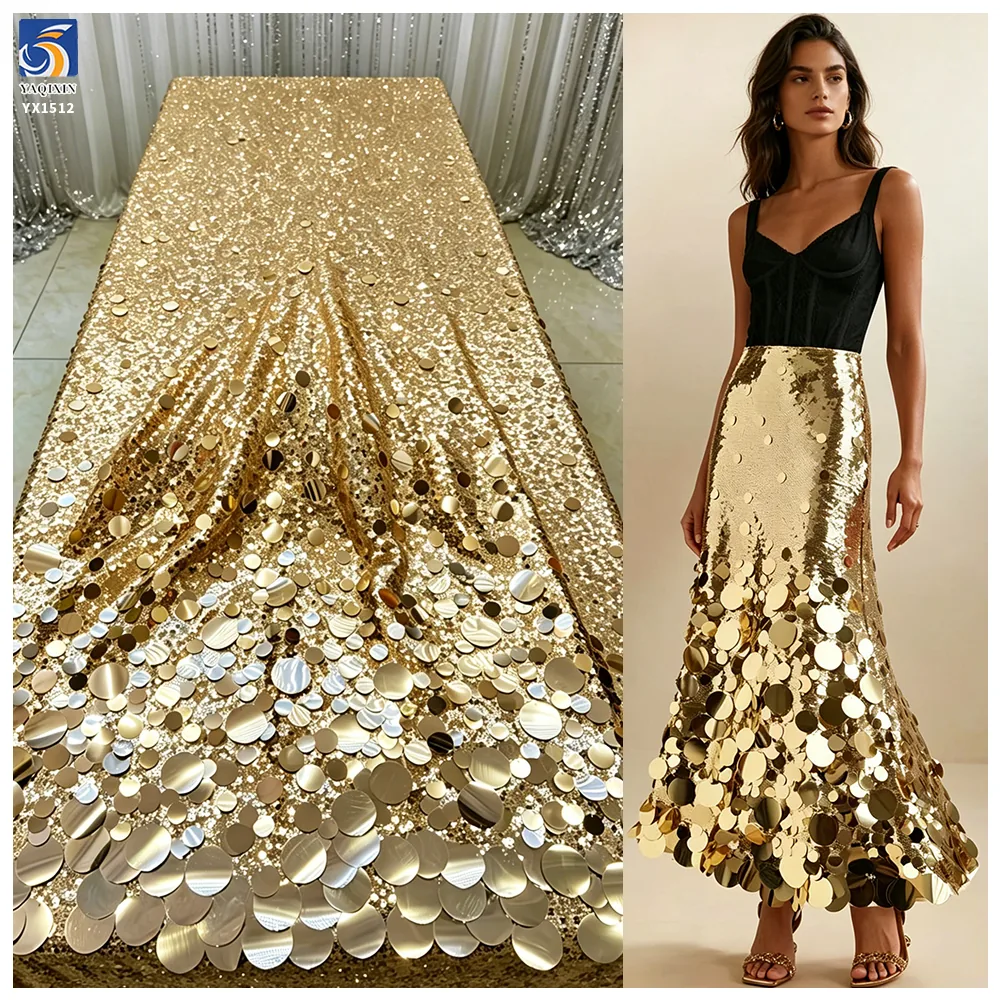 YX1512 European Style Gold Large Paillette Sequin Embroidery Fabric for Evening Dress Skirt and Luxury Fashion Garments